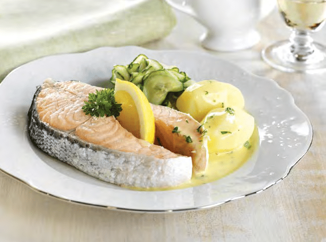 Boiled Oslo Salmon with Cucumber Salad and Butter Sauce