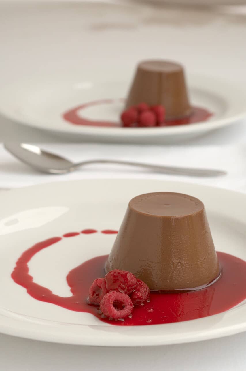 CHOCOLATE AND COINTREAU PANNA COTTA WITH RASPBERRY COULIS