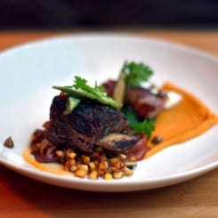 BRAISED SHORT RIBS WITH SQUASH PURÉE AND ROASTED CORN SALAD