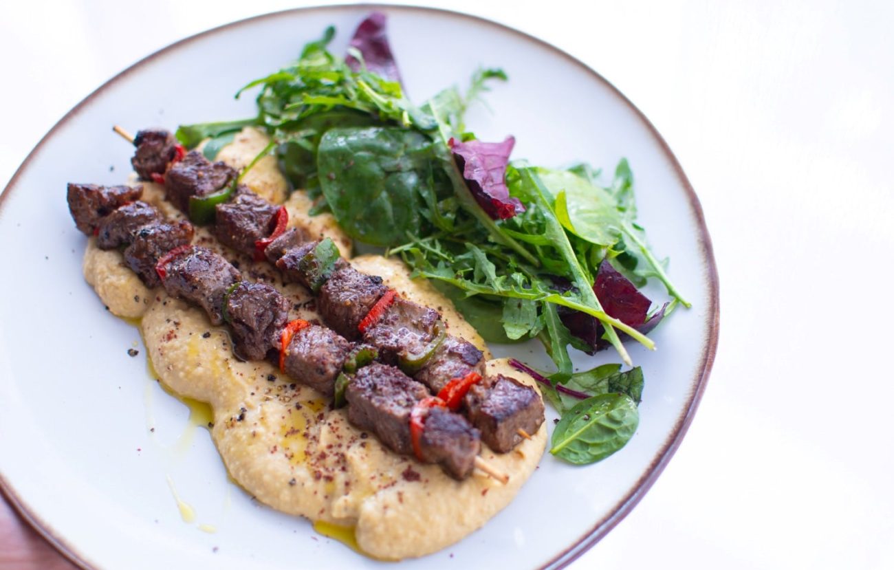 Spicy Beef Skewers with Hummus