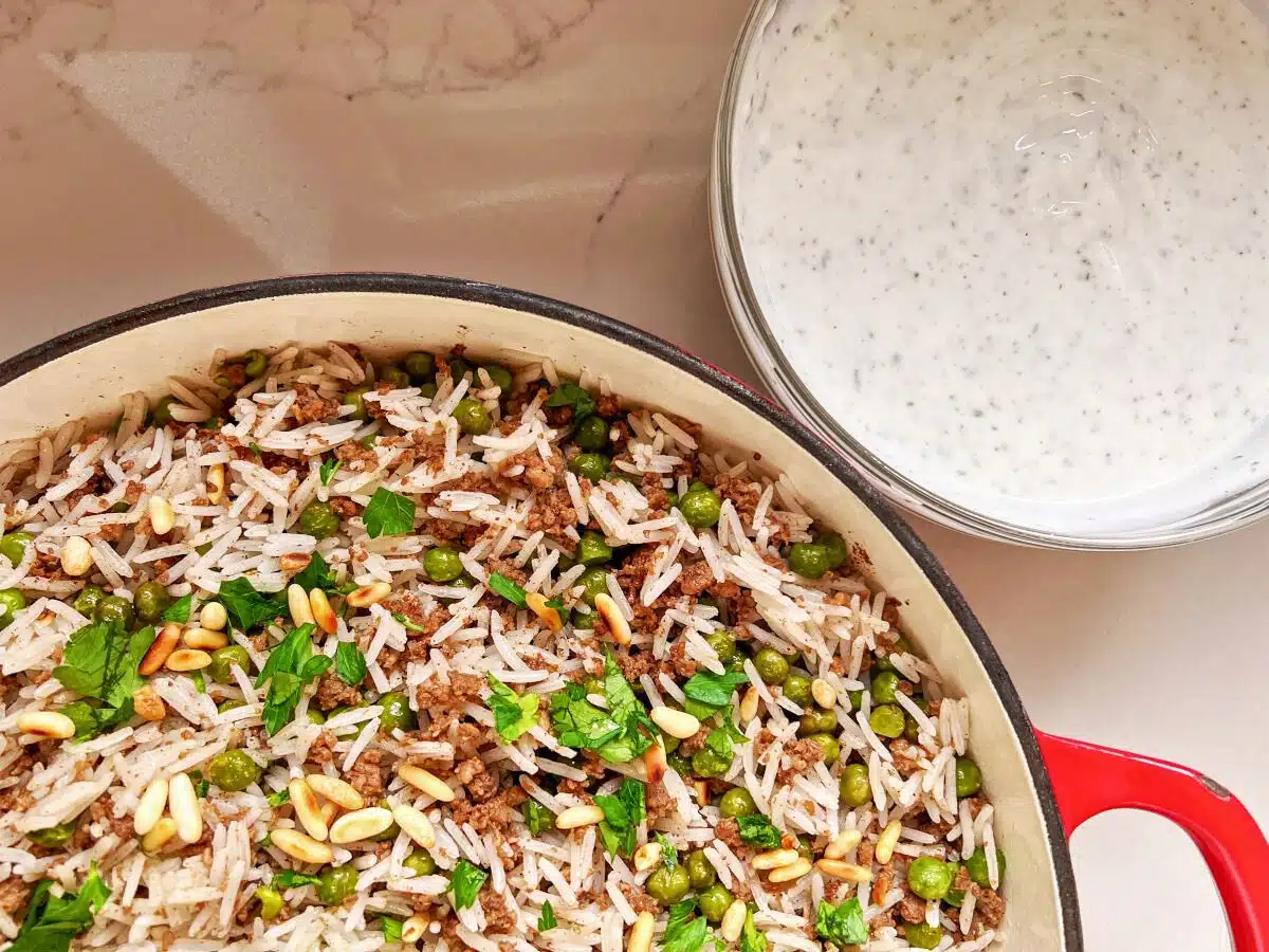 Middle Eastern Rice w/ Ground Beef & Yogurt Sauce