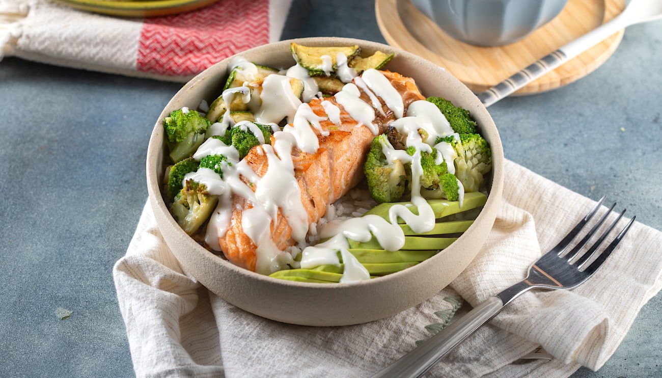 Salmon Rice Bowl with Roasted Zucchini & Broccoli