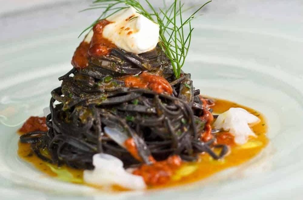 Homemade Black Spaghetti w Sea Urchins, Ricotta & Cuttlefish