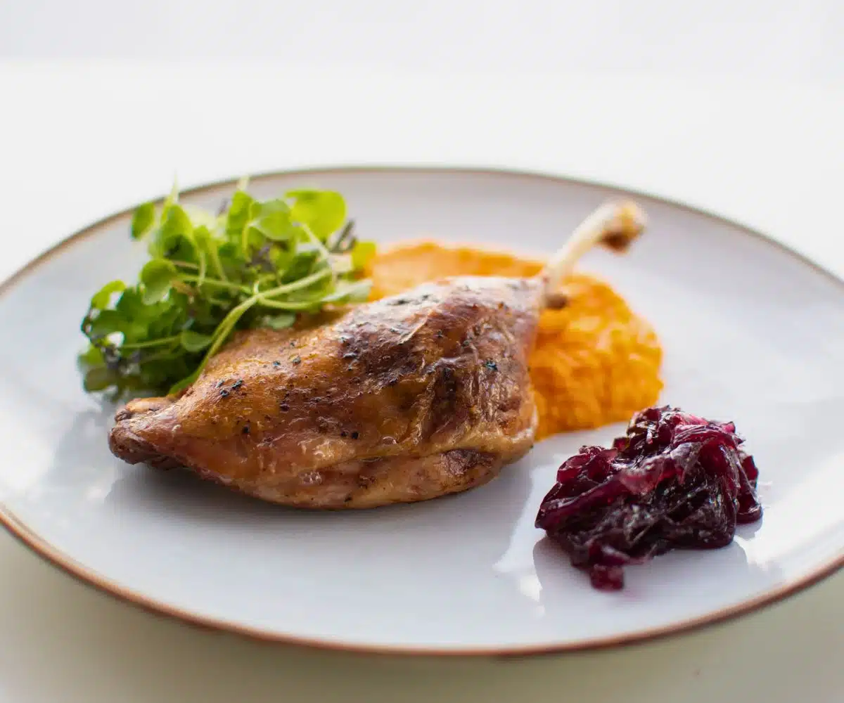 Duck Thigh with Carrot Purée and Onion Jam