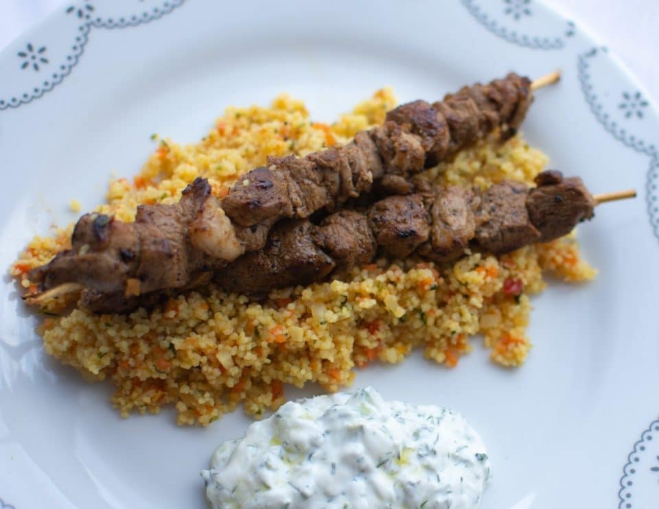 Lamb Skewers with Couscous and Tzatziki Sauce