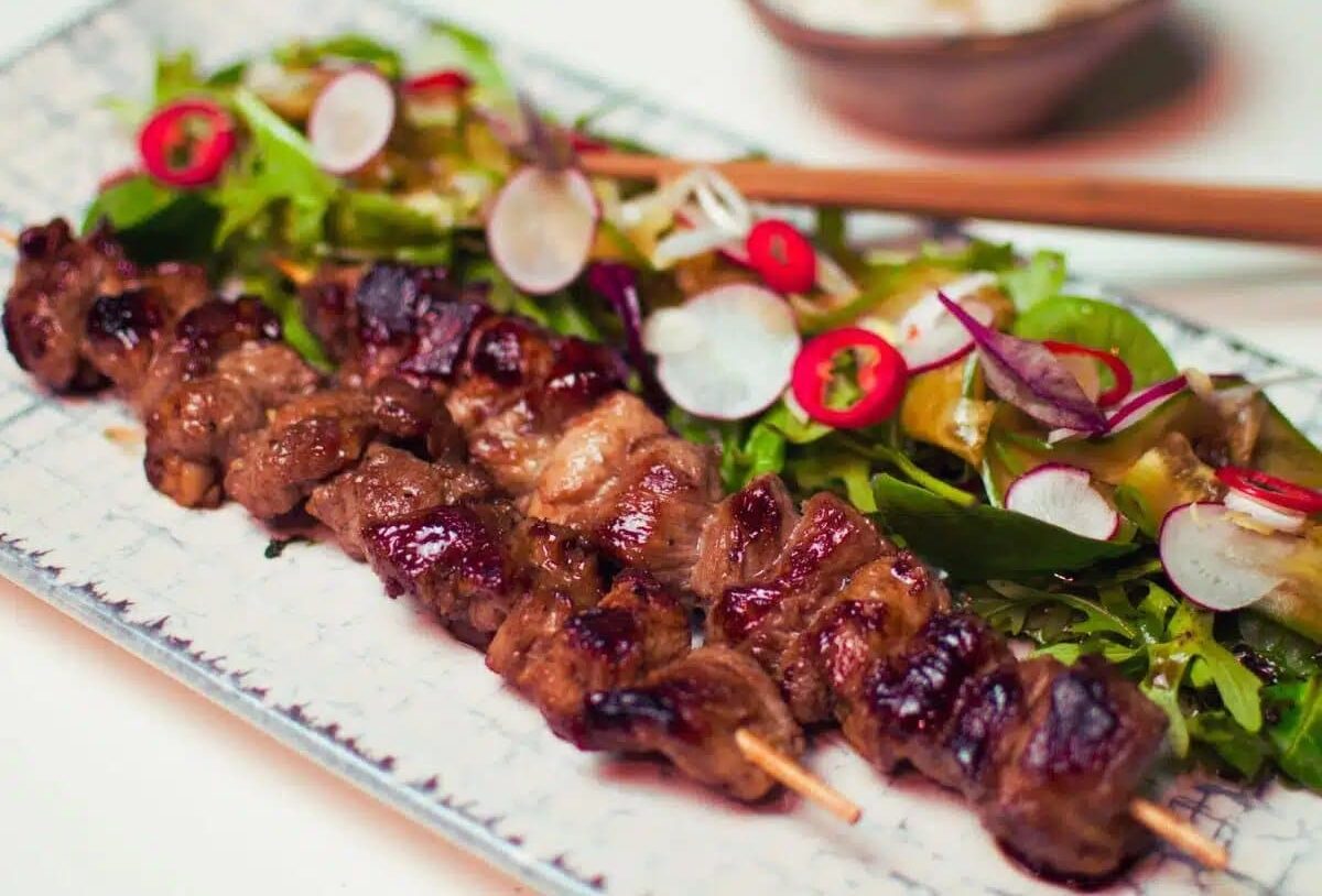 Marinated Pork Skewers with Green Salad
