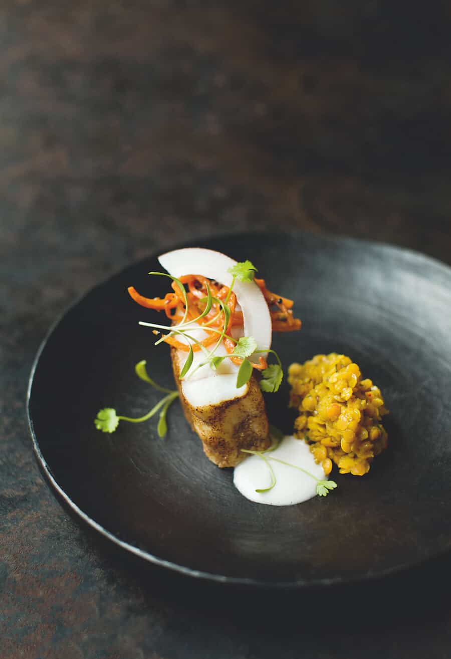 MONKFISH MASALA WITH RED LENTILS, PICKLED CARROTS AND COCONUT GARNISH