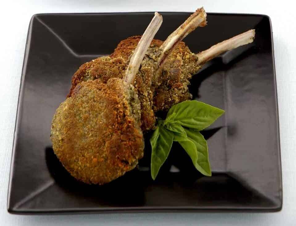 Pesto-Crusted Lamb Cutlets with Eggplant and Olive Caponata