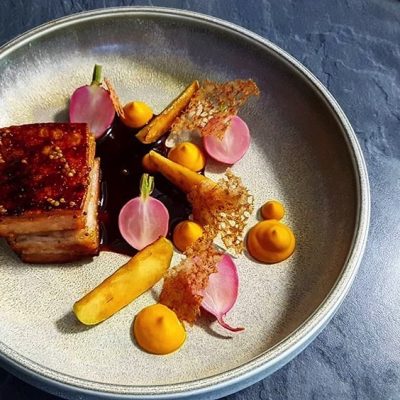 Pork Belly With Baked Radish, Carrot Puree and Caramelized Apples