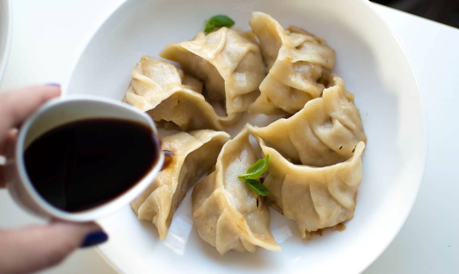 Overhead view of Pork Dumplings with Honey, Soy & Garlic Dipping Sauce.
