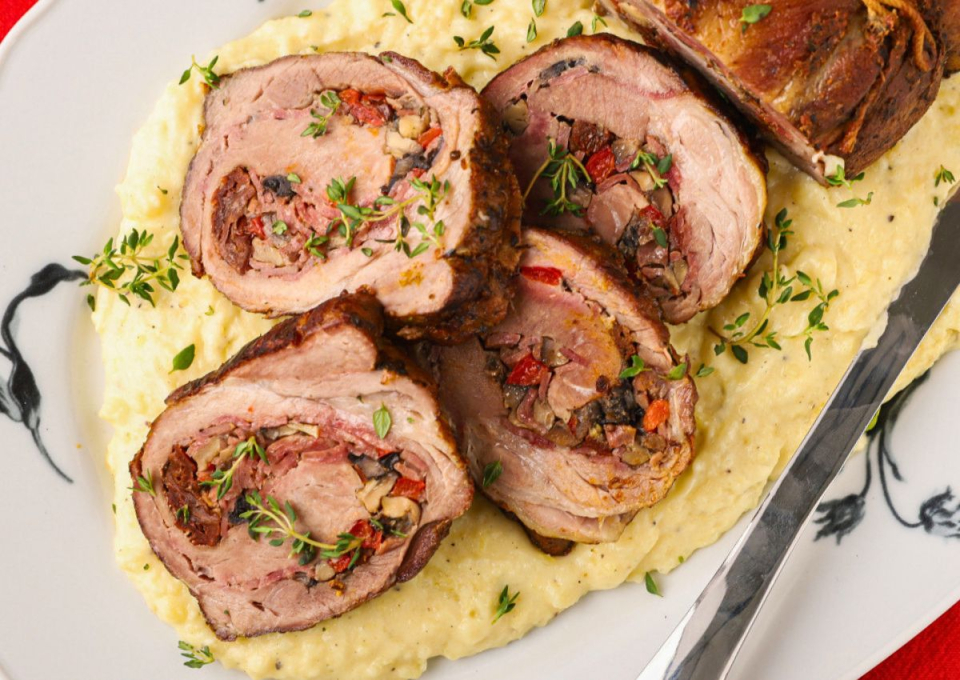 Pork Loin Roll w Sun-Dried Tomatoes, Bacon & Mushrooms