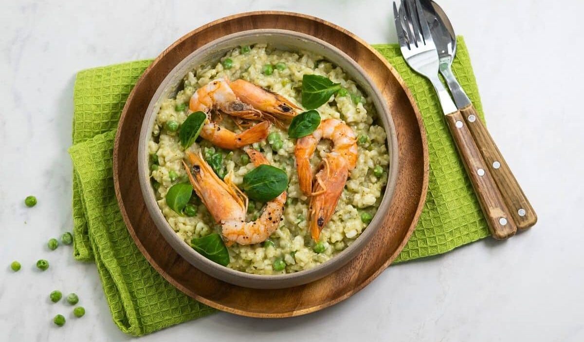 Risotto with Peas, Valerian and Prawns