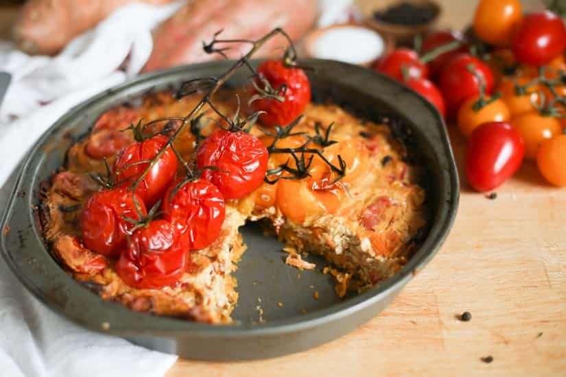 Roasted Pepper Vegan Quiche with Sweet Potato Crust