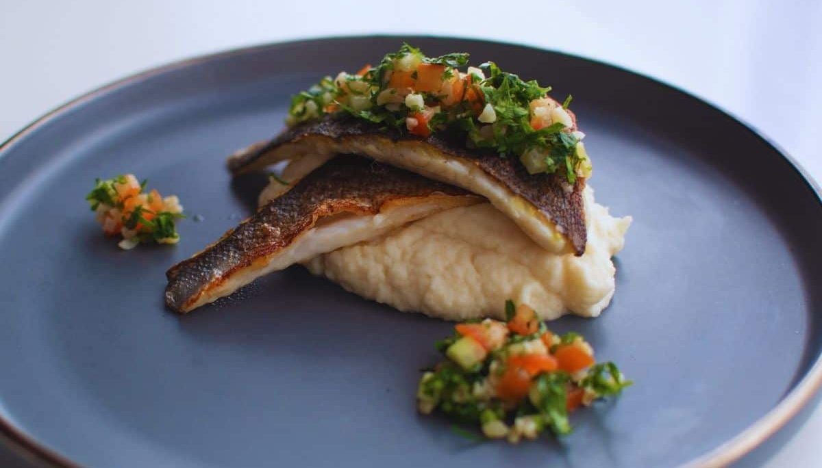 Pan Fried Sea Bass with Celery Puree and Tabbouleh