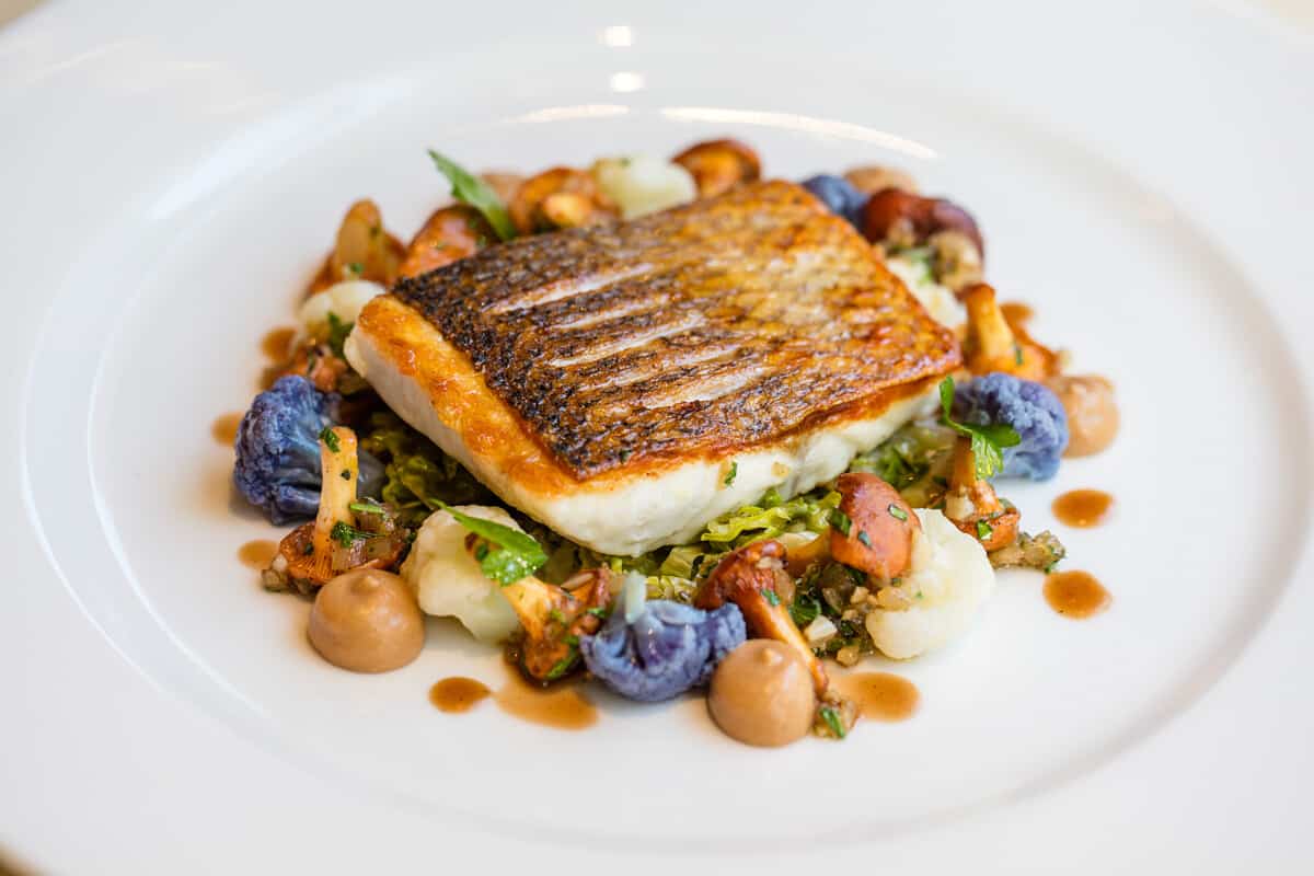 Sea Bass w/ Cauliflower Puree & Chanterelles