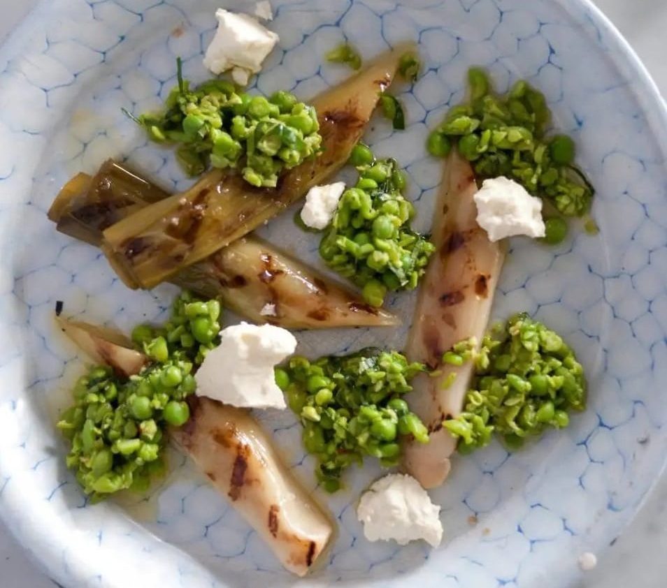 Slow Cooked Leeks Salad with Crushed Peas, Feta & Mint