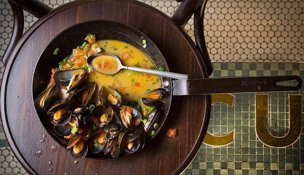 Steamed Mussels in Beer with Tasso Ham