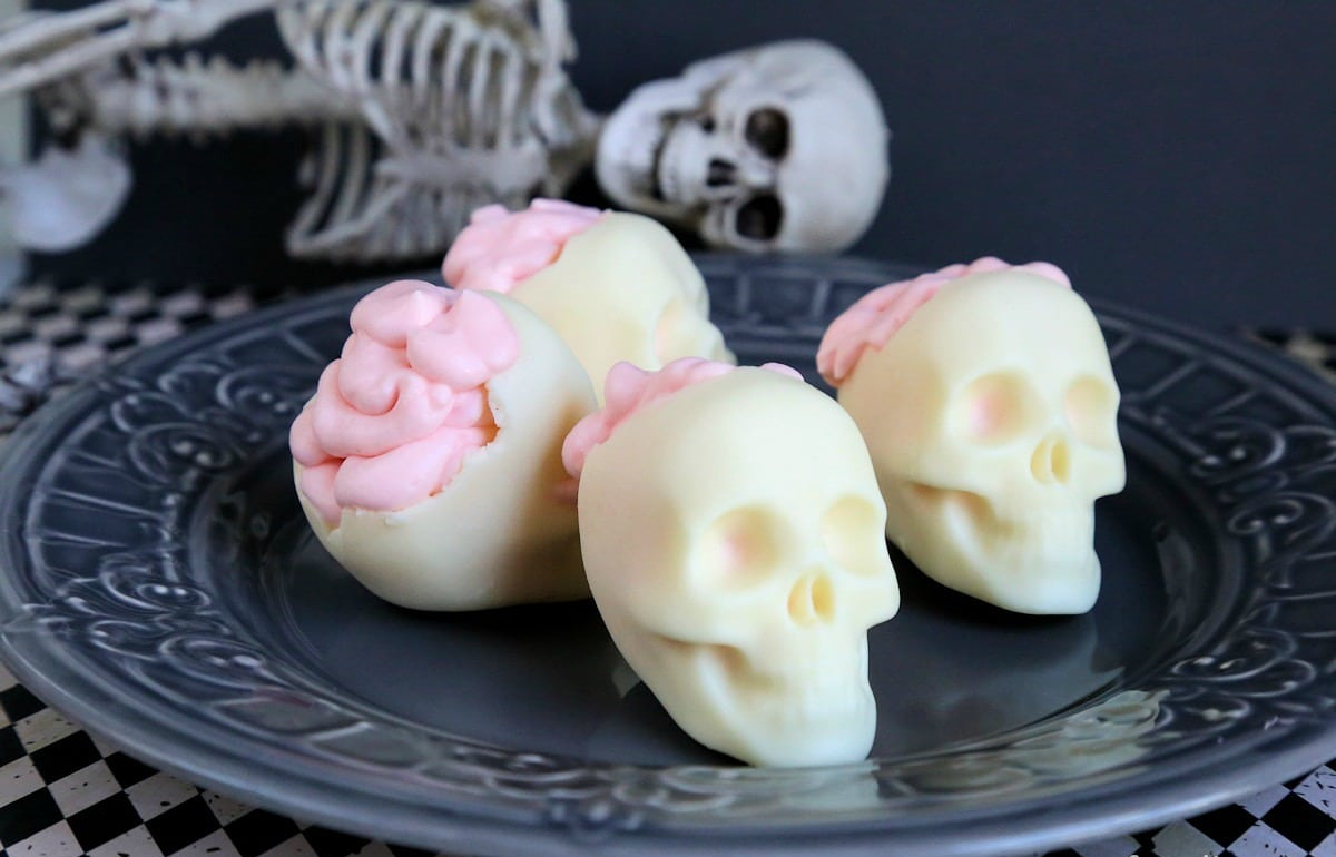 White Chocolate Skulls with Pink Mousse Brains
