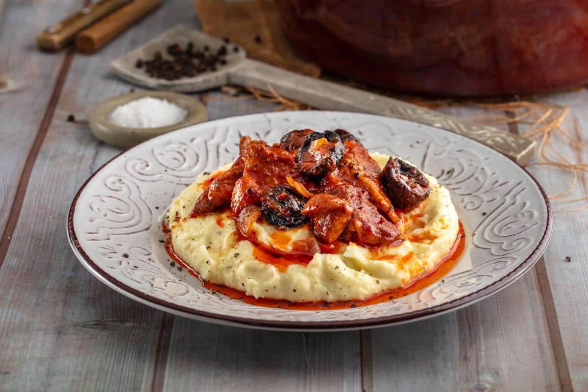 Spicy Braised Pork with Prunes, Wine & Cognac with Mashed Potatoes