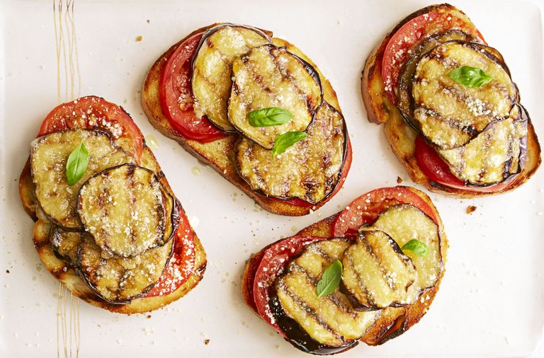 Eggplant and tomato tartines