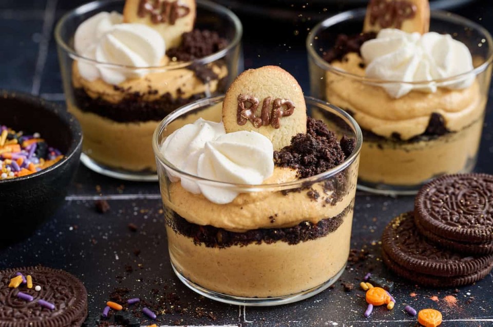 Graveyard Pumpkin Cheesecake Parfaits