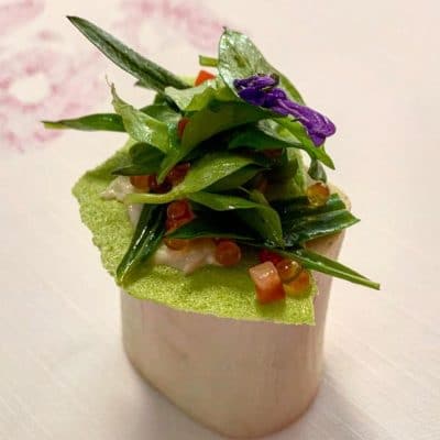 Green Pea and Chickweed Salad, Smoked Bone Marrow, Strawberry Seed Oil