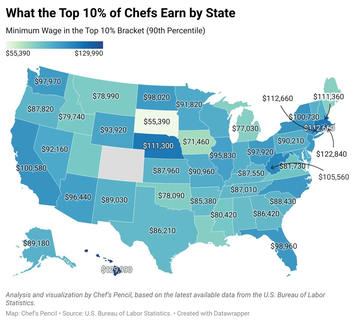 Map showing the minimum wage in the top 10% bracket for U.S. chefs